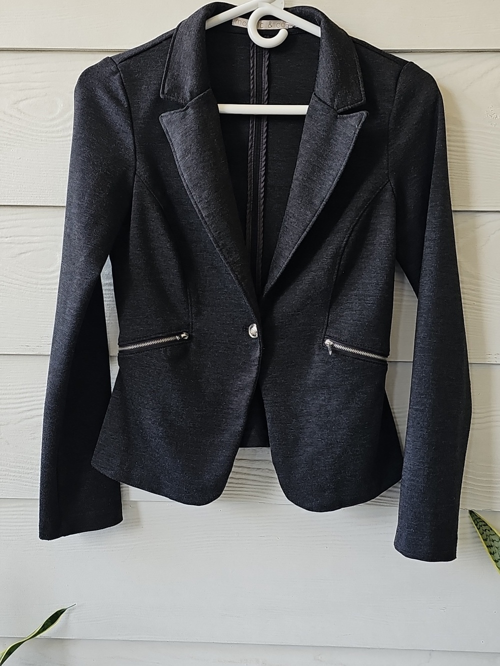 Mosaic & Co Dark Gray Knit Knit Blazer Jacket Size S Fitted Zip Pocket Accent